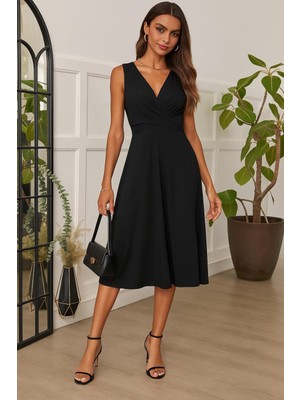 ModaSize Kadın Askılı V Yakalı Önde Çapraz Detaylı Janjan Krep Elbise