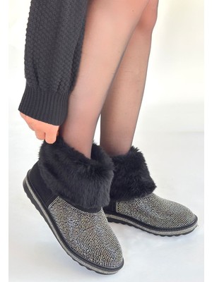 Zerenyus Likea Premium Siyah Süet Gümüş Boncuk Işlemeli Kürklü Bot