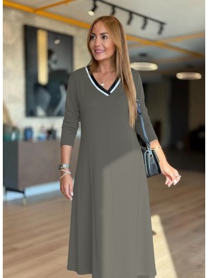 ModaSize Kadın Uzun Kollu V Yakalı Midi Çağla Yeşili Modal Elbise