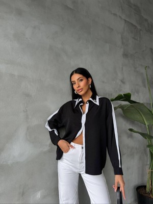 369 Etnik Butik Ön ve Kolları Seritli Siyah Kadın Gömlek