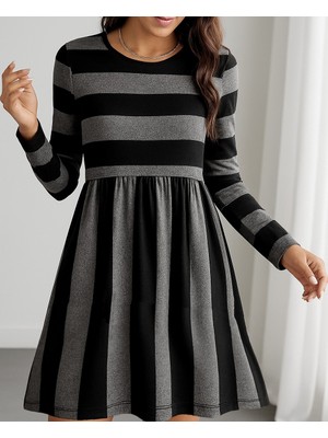 ModaSize Kadın Uzun Kollu Bisiklet Yaka Çizgili Desen Detaylı Süprem Mini Elbise