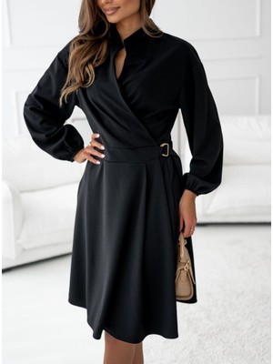 ModaSize Kadın Uzun Kollu Hakim V Yakalı Yandan Toka Detaylı Ithal Mini Krep Elbise