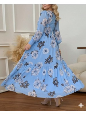 ModaSize Kadın Uzun Kollu V Yakalı Çiçek Desenli Maxi Süprem Elbise