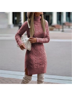 ModaSize Kadın Uzun Kollu Loren Yünlü Motifli Midi Boy Triko Elbise