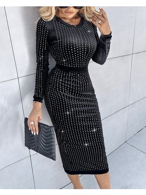 ModaSize Kadın Uzun Kollu Bisiklet Yaka Taşlı Midi Kadife Elbise