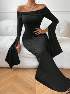 ModaSize Kadın Madonna Yaka Uzun Yırtmaç Kol Detaylı Uzun Ithal Krep Elbise