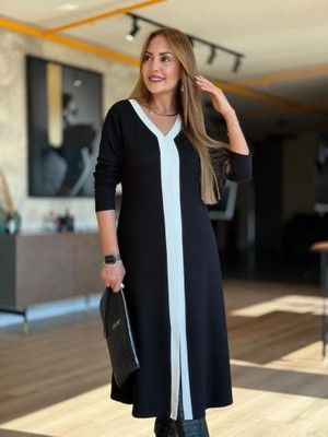 ModaSize Kadın Uzun Kollu V Şerit Yakalı Önden Kısa Yırtmaçlı Detaylı Midi Viskon Iki Iplik Elbise