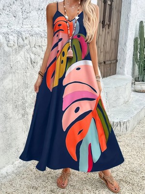 ModaSize Kadın Ip Askılı V Yakalı Desenli Süprem Maxi Elbise