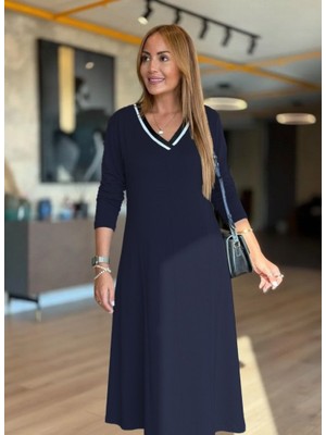 ModaSize Kadın Uzun Kollu V Yakalı Midi Modal Elbise