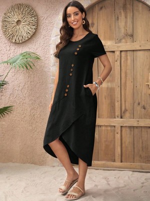 ModaSize Kadın Kısa Kollu Bisiklet Yaka Düğme Detay Müslim Elbise