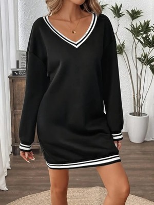 ModaSize Kadın Uzun Kollu V Yakalı Şerit Detaylı Kısa Viskon Iki Iplik Elbise