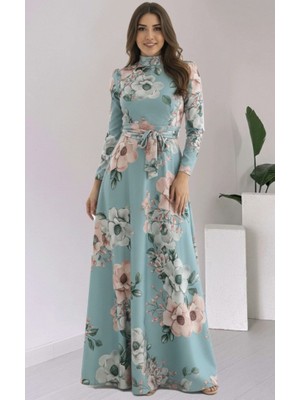ModaSize Kadın Uzun Kollu Yuvarlak Yakalı Beli Kuşaklı Desenli Süprem Uzun Elbise