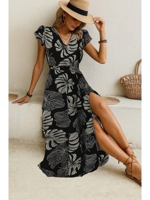 ModaSize Kadın Kısa Kollu V Yakalı Desenli Yandan Yırtmaçlı Süprem Elbise