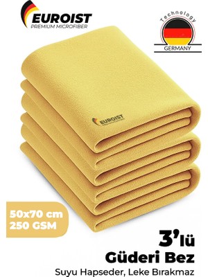 Euroist Büyük Boy 3 Adet Mikrofiber Güderi Bez | Araç Araba Oto Kurulama ve Cam Temizlik Bezi | 50 x 70 cm