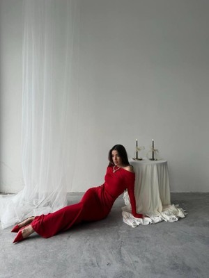 ModaSize Kayık Yaka Uzun Kurdele Elbise