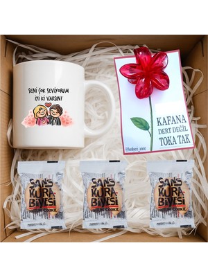 E-Hediyeci Romantik Kupa Bardak, Toka ve 3 Adet Şans Kurabiyeli Hediye Kutusu, Sevgiliye Hediye Kutusu, Romantik Hediye, Doğum Günü, 14 Şubat Hediyesi