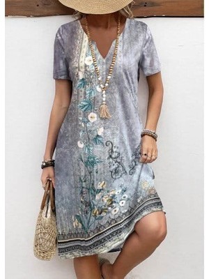 ModaSize Kadın Kısa Kollu V Yakalı Desenli Süprem Elbise