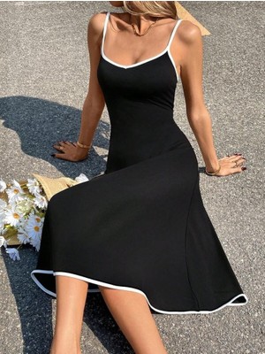 ModaSize Kadın Ip Askılı Geniş V Yakalı Midi Janjan Krep Elbise