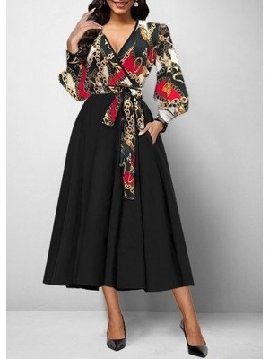 ModaSize Kadın Uzun Kollu Kruvaze Yaka Dalgıç Krep Midi Boy Elbise