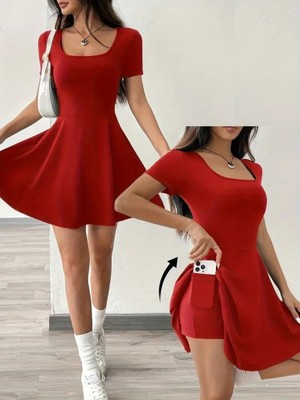 ModaSize Kadın Kısa Kollu Kare Yaka Short Detaylı Cepli Dalgıç Elbise