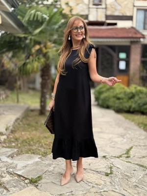 ModaSize Kadın Omuzlardan Büzgülü Kayık Yaka Fırfırlı Janjan Krep Elbise