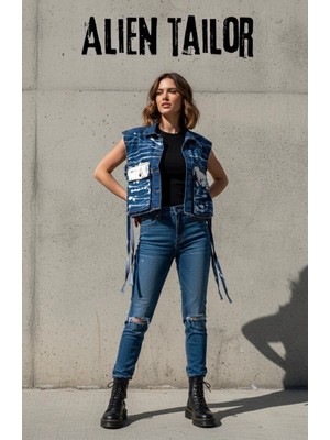 Özel Tasarım Kot Yelek Pollock Bağlama Detaylı