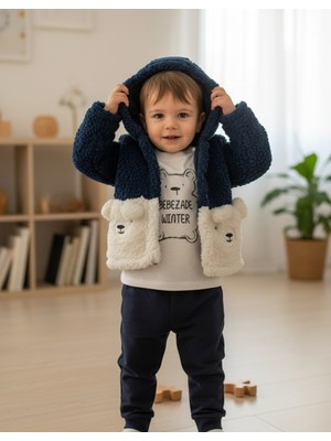 Yusgos Peluş Montlu Kız/erkek Bebek Takım Lacivert 0-6 Ay