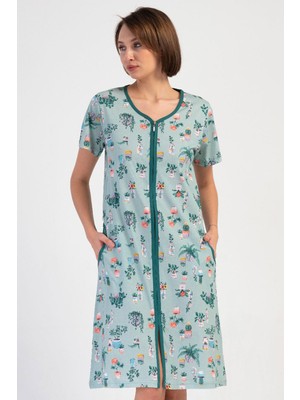 Vienetta Kadın Kısa Kollu V Yaka Fermuarlı Cepli Çiçek Desenli Yeşil Renk Ev Elbisesi C9T8N3804