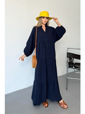 Jee Lee Kadın Düğme Detaylı %100 Pamuklu Uzun Elbise Lacivert - 26Y 3007