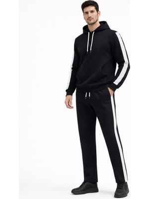 Silerra Erkek Şeritli Eşofman Takım Kapüşonlu Sweatshirt Boru Paça Alt, Oversize 3 Iplik Pamuklu - Siyah