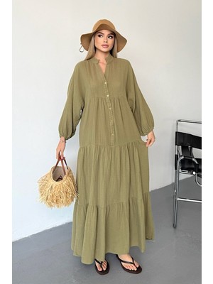 Jee Lee Kadın Düğme Detaylı %100 Pamuklu Uzun Elbise Haki - 26Y 3007