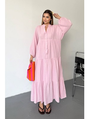 Jee Lee Kadın Düğme Detaylı %100 Pamuklu Uzun Elbise Pembe - 26Y 3007