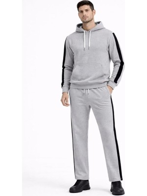 Silerra Erkek Şeritli Eşofman Takım Kapüşonlu Sweatshirt Boru Paça Alt, Oversize 3 Iplik Pamuklu - Gri