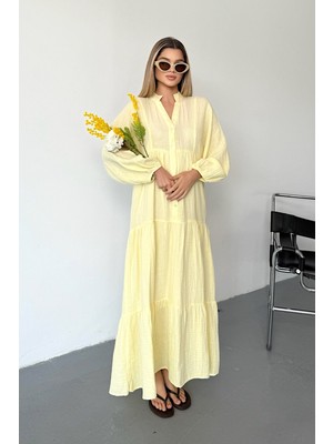 Jee Lee Kadın Düğme Detaylı %100 Pamuklu Uzun Elbise Sarı - 26Y 3007
