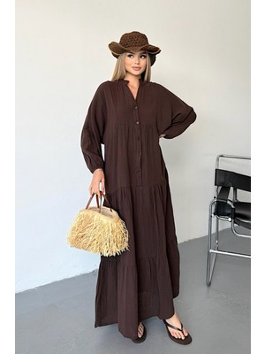 Jee Lee Kadın Düğme Detaylı %100 Pamuklu Uzun Elbise Kahverengi - 26Y 3007