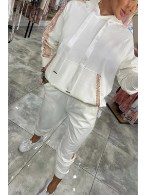 Nidam Butik Kadın Uzun Kollu Kapşonlu Pulpayet Detay Viskon Iki Iplik Bluz ve Pantolon Ikili Takım