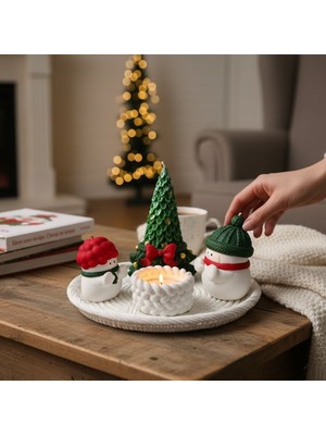 Ellayda Kardan Adam ve Çam Ağacı Detaylı Beyaz Dekoratif Mum Seti