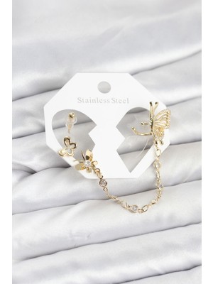 Arenes Kelebekli Model Pirinç Gold Renk Zincir Bağlantılı Ear Cuff Küpe Seti - Lisinya