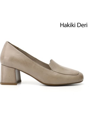 GÖNDERİ Kadın Antik Bej  Küt Burun Kalın Topuklu Hakiki Deri Ayakkabı