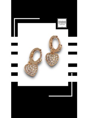 Studio Fashion 1988 Kadın Tasarım Zirkon Kalp Taşlı Vıp Çelik Premium Gold Rodyum Kaplama Şık Küpe