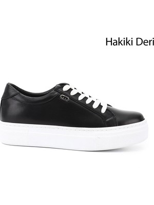 Gönderi(r) Kadın Siyah  Bağcıklı Dolgu Taban Hakiki Deri Sneaker