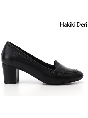 GÖNDERİ Kadın Siyah  Kalın Topuklu Hakiki Deri Ayakkabı