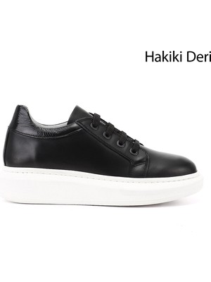 Gönderi(r) Kadın Siyah  Bağcıklı Dolgu Taban Hakiki Deri Sneaker