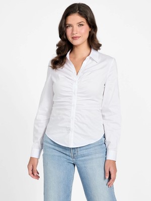 Guess Uzun Kollu Emily Büzgülü Poplin Kadın Beyaz Gömlek W6RH85W1LU1-G011