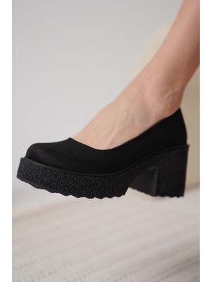 Roof Atelier Talya Siyah Süet Kalın Topuklu Loafer Ayakkabı