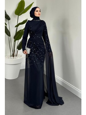 Merven Akyüz Clair Zımba Taşlı Tül Abiye Lacivert