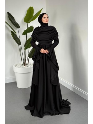 Merven Akyüz Sharin Drapeli Kolları Fırfırlı Abiye Siyah