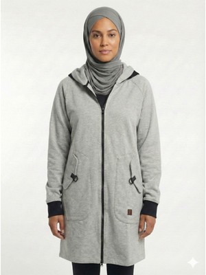 Plistre Kadın 3 Iplik Yumuşacık Şardonlu Fermuarlı Kap – Su Geçirmez Kapüşonlu. Gri Uzun Sweat