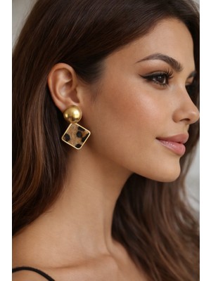 Kmod Life Leopar Desenli Altın Çerçeveli Küpe Seti (2’li Kombin)