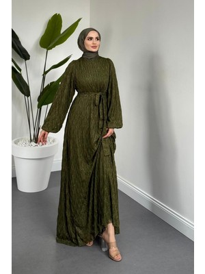 Merven Akyüz Mahbanu Simli Astarlı Balon Kol Elbise Haki